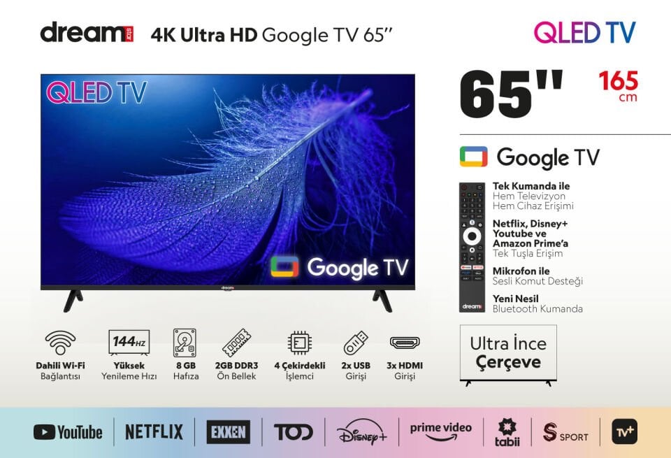 DREAMSTAR 65DSE101 65 INC 165 EKRAN UHD 4K GOOGLE TV SMART QLED TV
