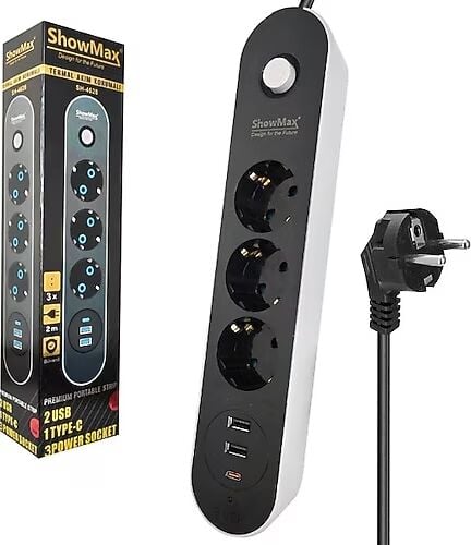 SHOWMAX SH-4628 TERMAL AKIM KORUMALI PRİZ 2 METRE (3 PRİZ + 2 USB + 1 TYPE-C)