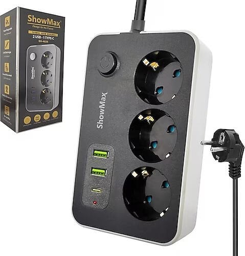 SHOWMAX SH-4626 TERMAL AKIM KORUMALI PRİZ 2 METRE KARE MODEL (3 PRİZ + 2 USB + 1 TYPE-C)