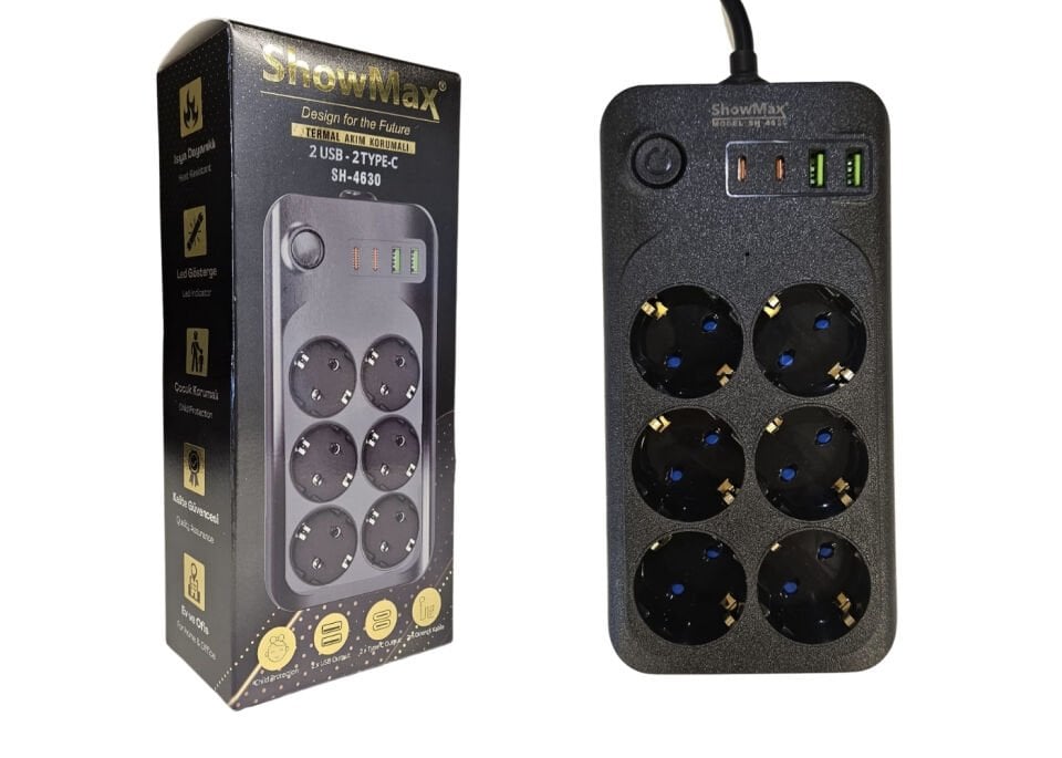 SHOWMAX SH-4630 TERMAL AKIM KORUMALI PRİZ 2 METRE ( 6 PRİZ + 2 USB + 2 TYPE-C)