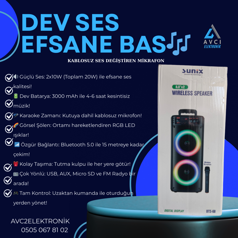 Sunix BTS-68 Bluetooth Hoparlör | 20W Dev Ses, Mikrofon ve Kumandalı
