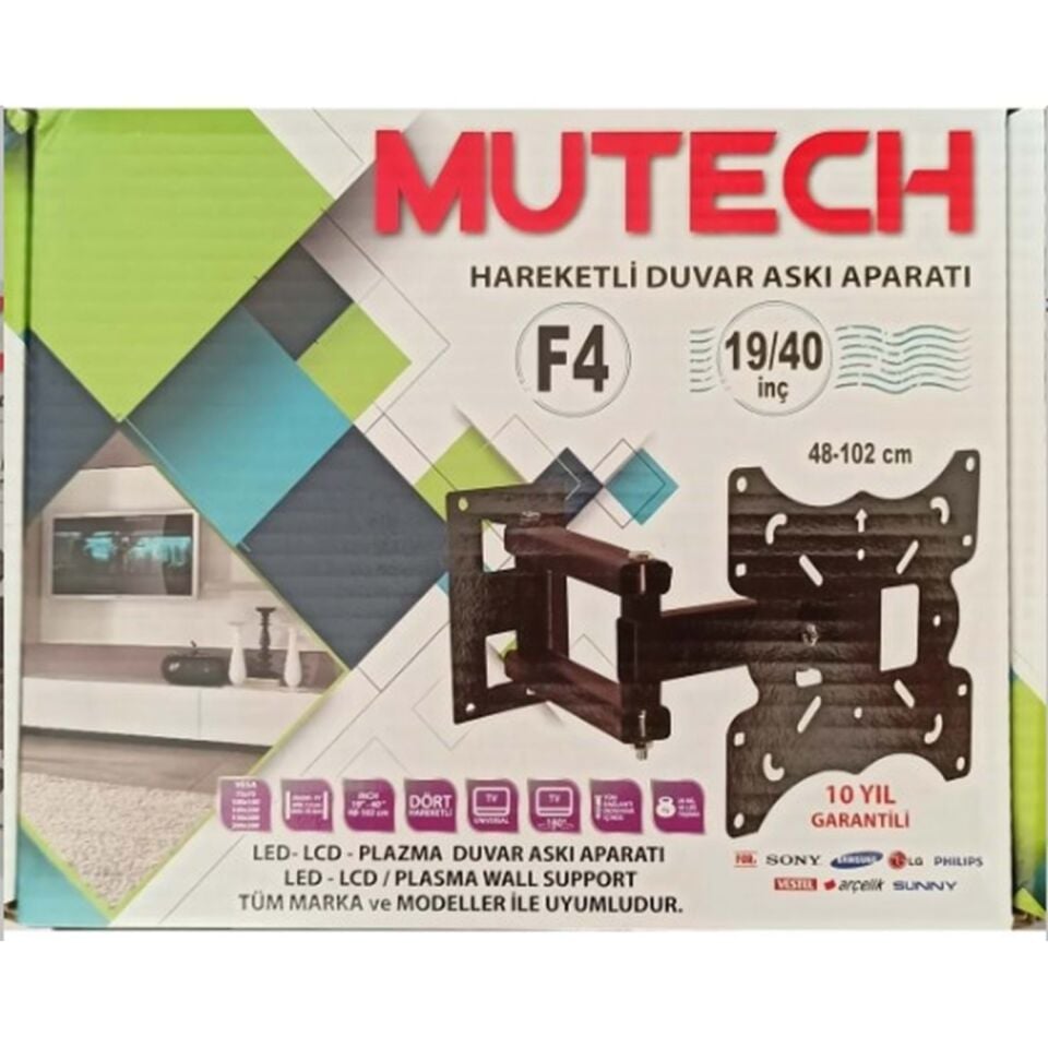 MUTECH F4 19''- 42'' / 48-106CM Ekranlar İçin Tv Duvar Askı Aparatı Hareketli Oynar Başlı Askı